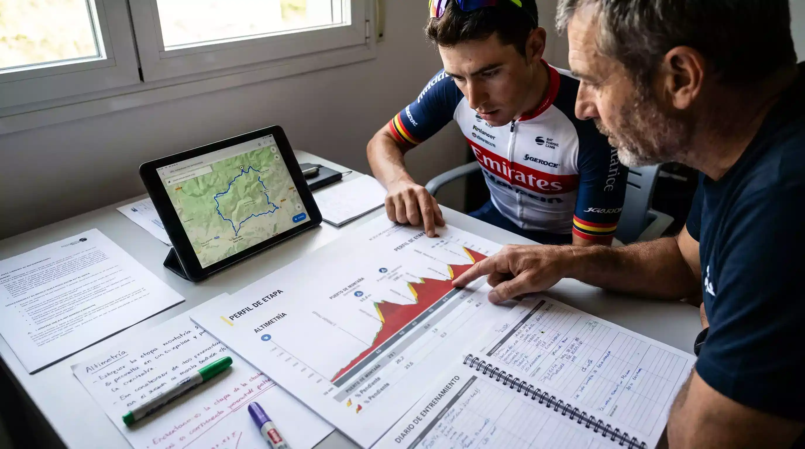 Ciclista profesional estudiando el perfil de una etapa de montaña con mapas y notas de preparación