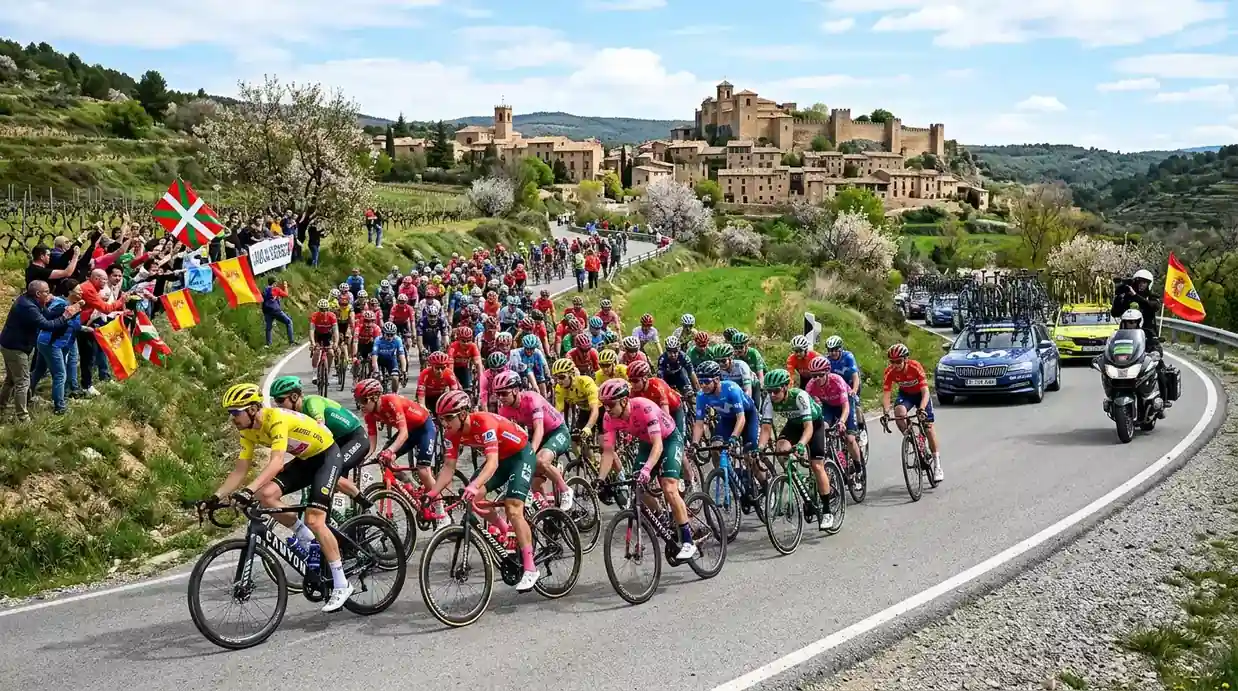 Pelotón de ciclistas profesionales durante una carrera WorldTour con público animando en la carretera