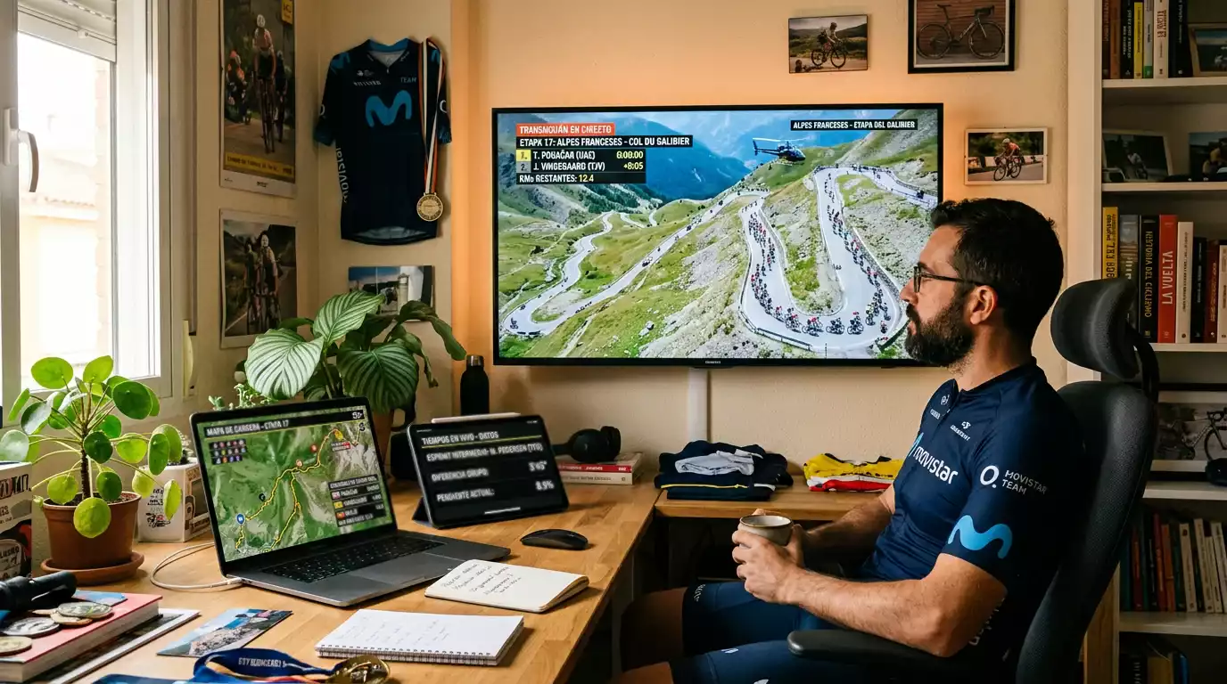 Aficionado siguiendo una etapa de ciclismo en directo desde múltiples pantallas con datos en tiempo real